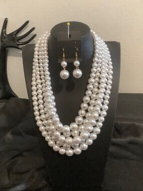 Elegant White Pearl Multi-Strand Necklace with Drop Earrings